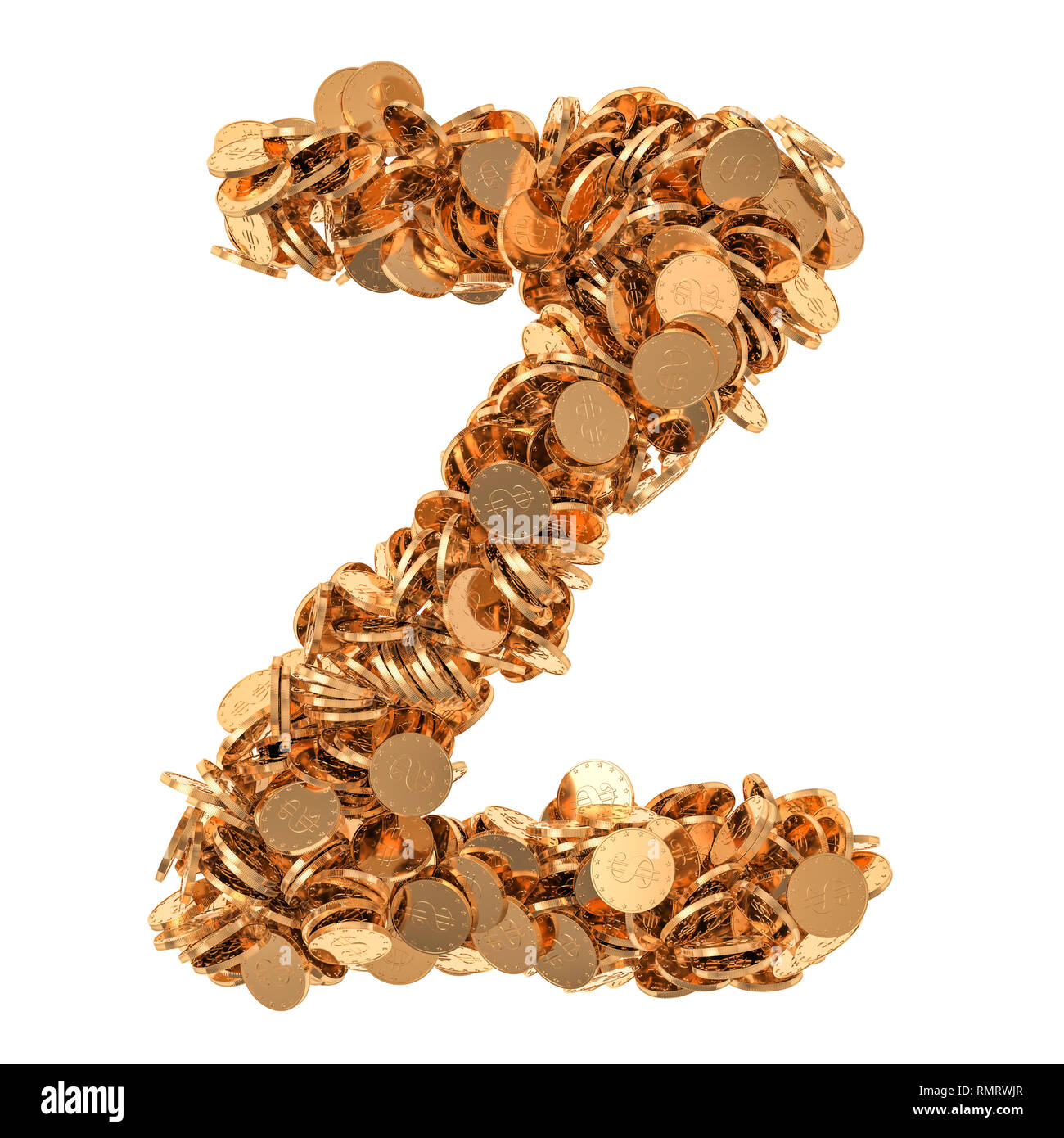 Alphabet letter Z, from golden dollar coins. 3D rendering isolated on