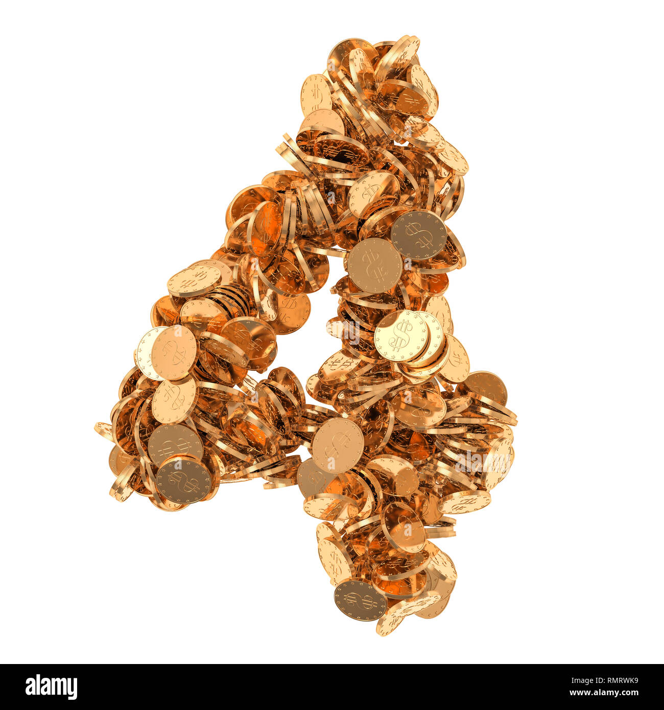 Number 4, from golden dollar coins. 3D rendering isolated on white ...