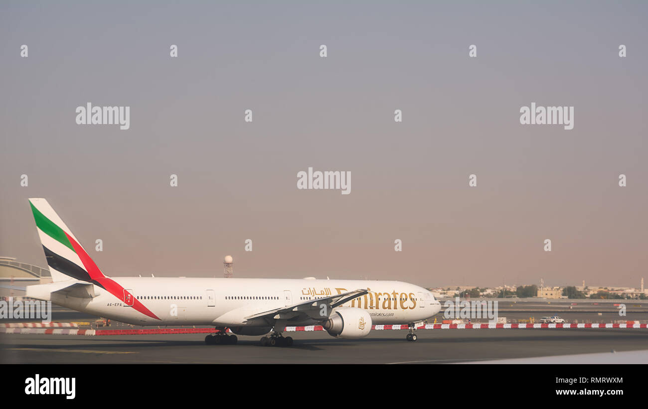 Dubai, Oman - November 8, 2018: Emirates company plane on the runway Stock Photo