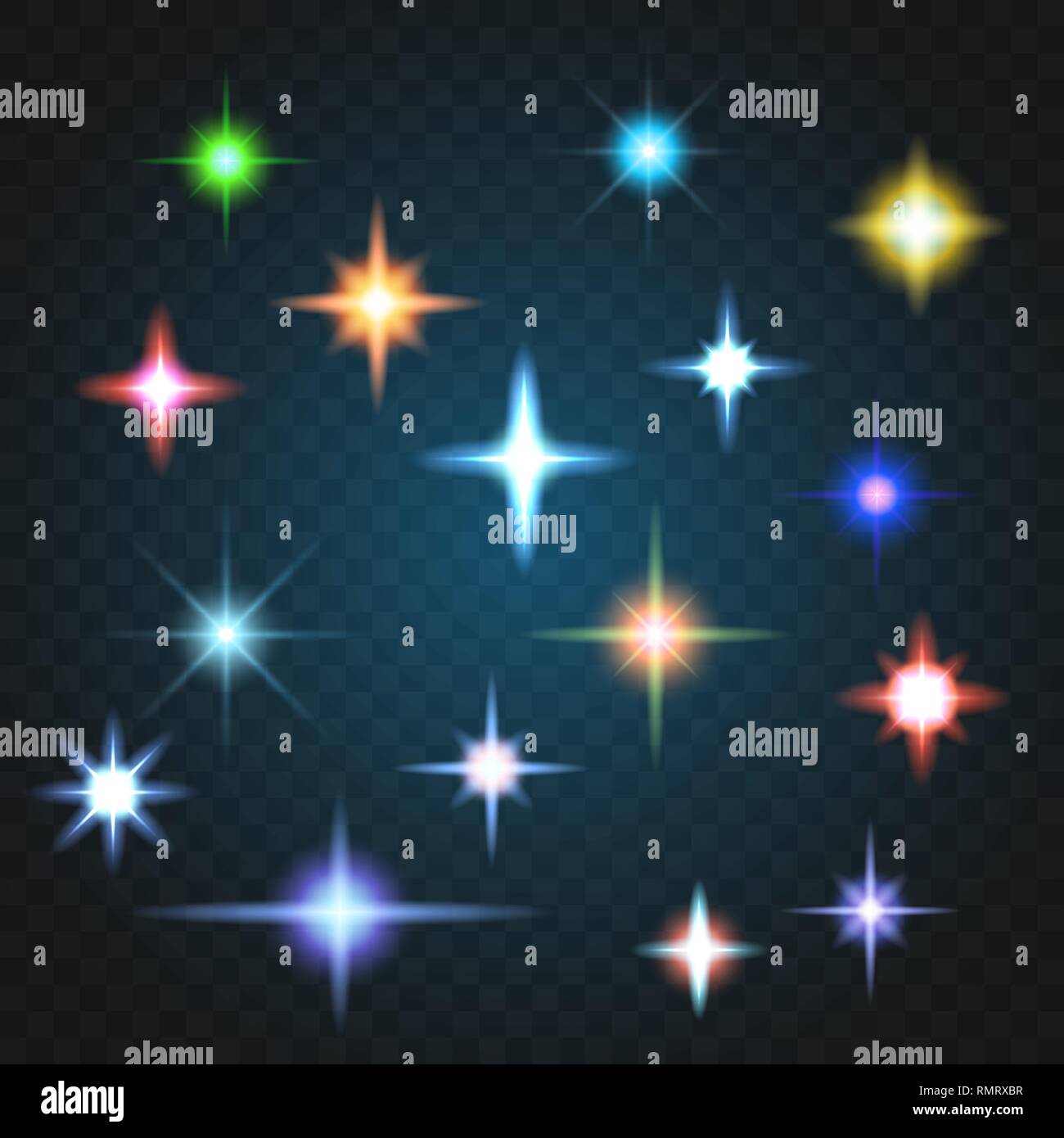 Light glare, highlight set. Collection of lens flares different colors. Stock Vector