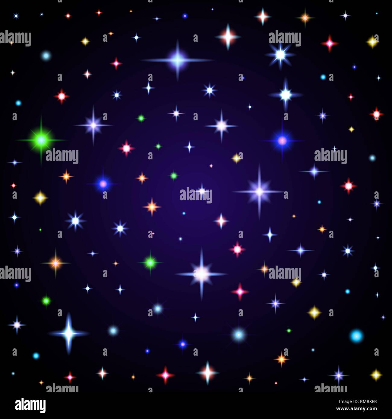 Light glare, space stars. Illustration of lens flares different colors. Stock Vector