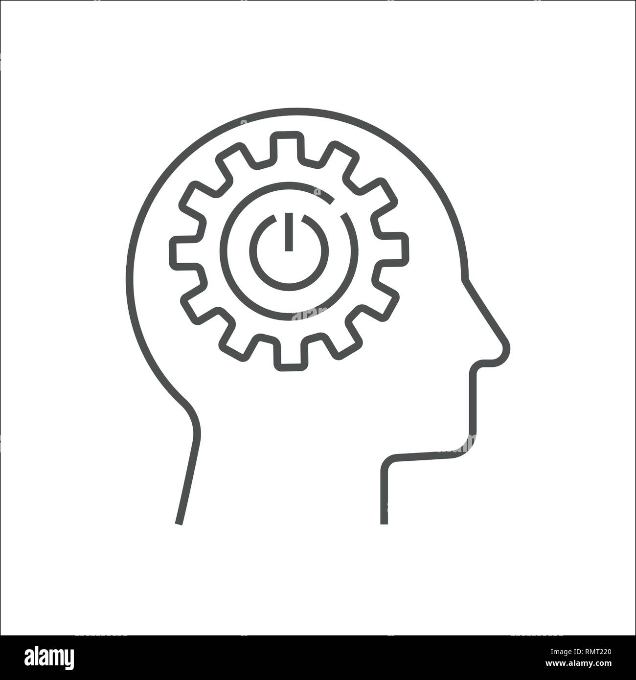 Human head with cogwheels inside linear icon. Artificial intelligence. Technology progress. Thin line illustration. Robot. Contour symbol. Vector isol Stock Vector