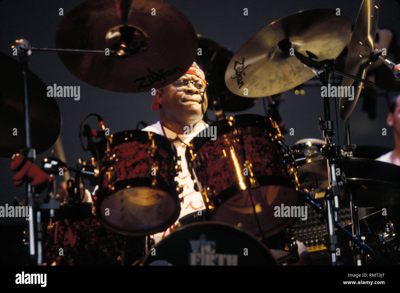 Drummer Jaimoe Johanson is shown performing 'live' in concert with the Allman Brothers Band. Stock Photo