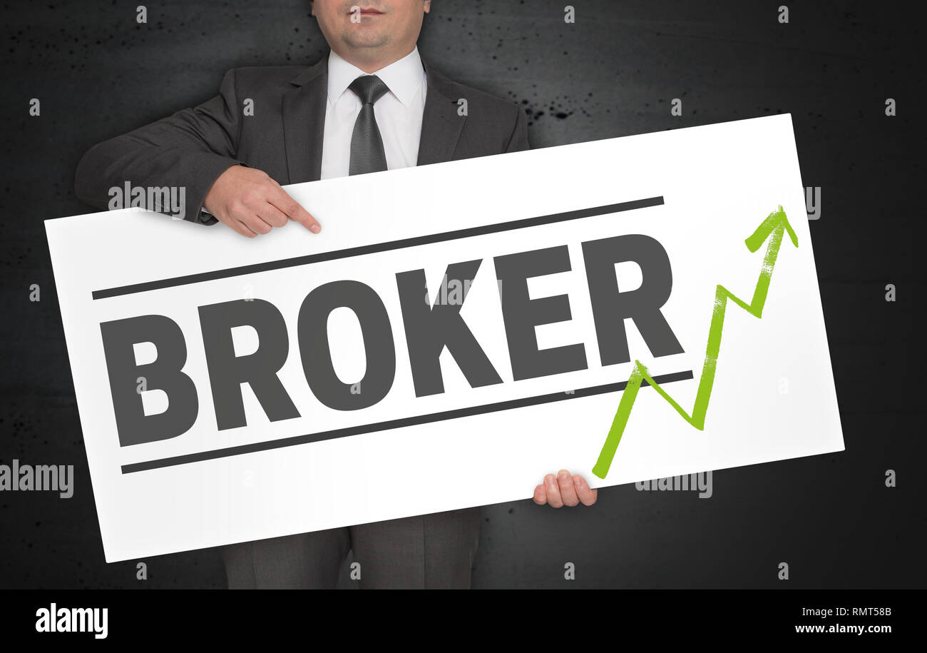 Broker poster is held by businessman. Stock Photo