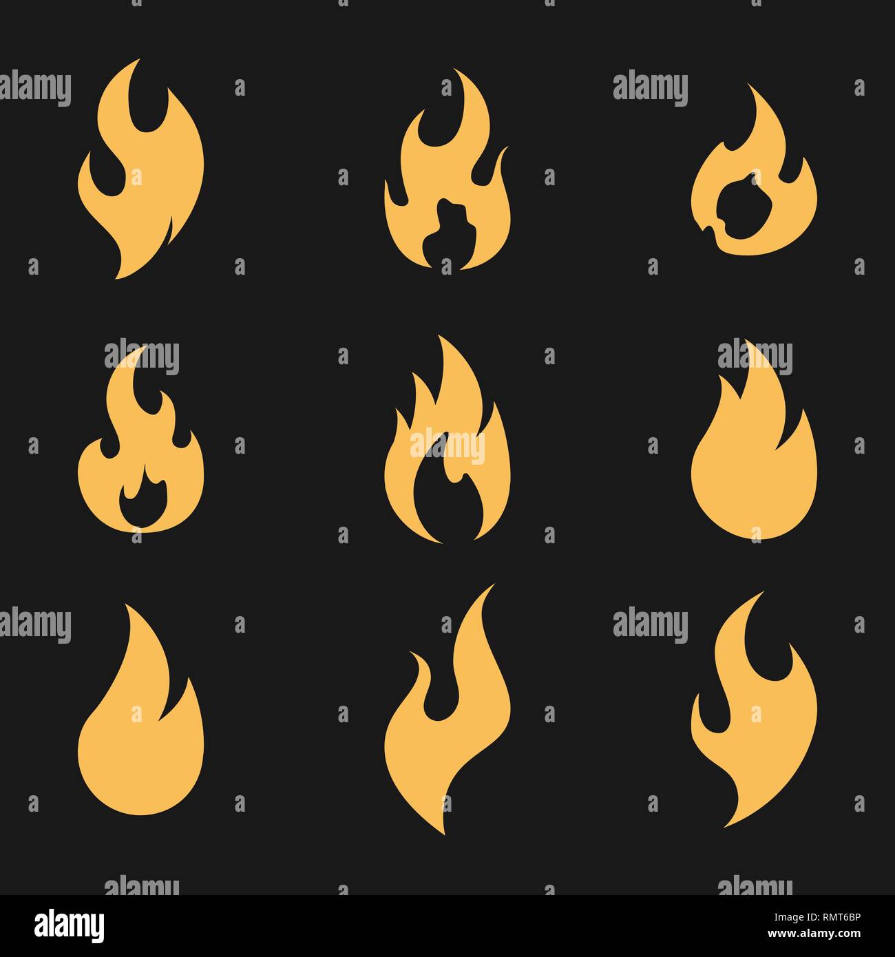 Fire flame logo icon set on black Stock Vector