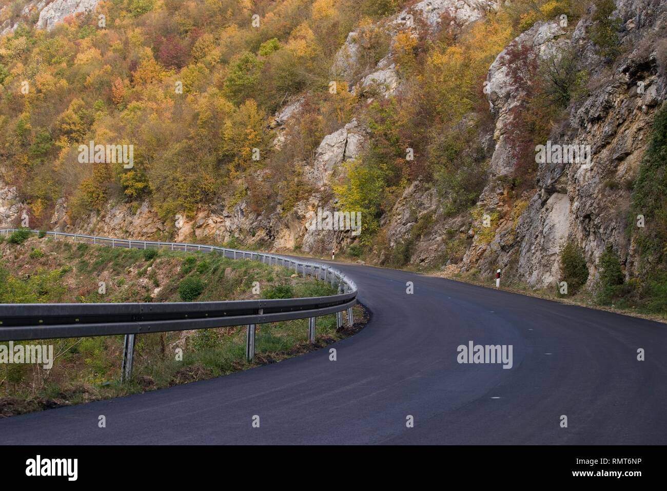 New black bitumen asphalt road in the Balkan Mountains regions of Eastern Republic of Serbia, Central Europe. Stock Photo