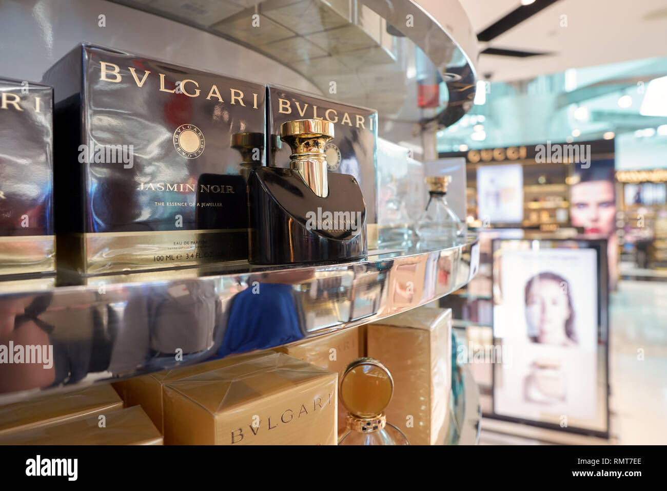 DUBAI, UAE - MAY 13, 2016: close up shot of Bulgari perfume in duty ...