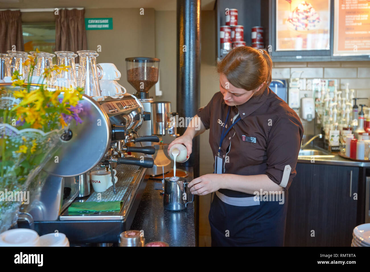 MOSCOW, RUSSIA JUNE 26, 2016 barista in Costa Coffee. Costa Coffee