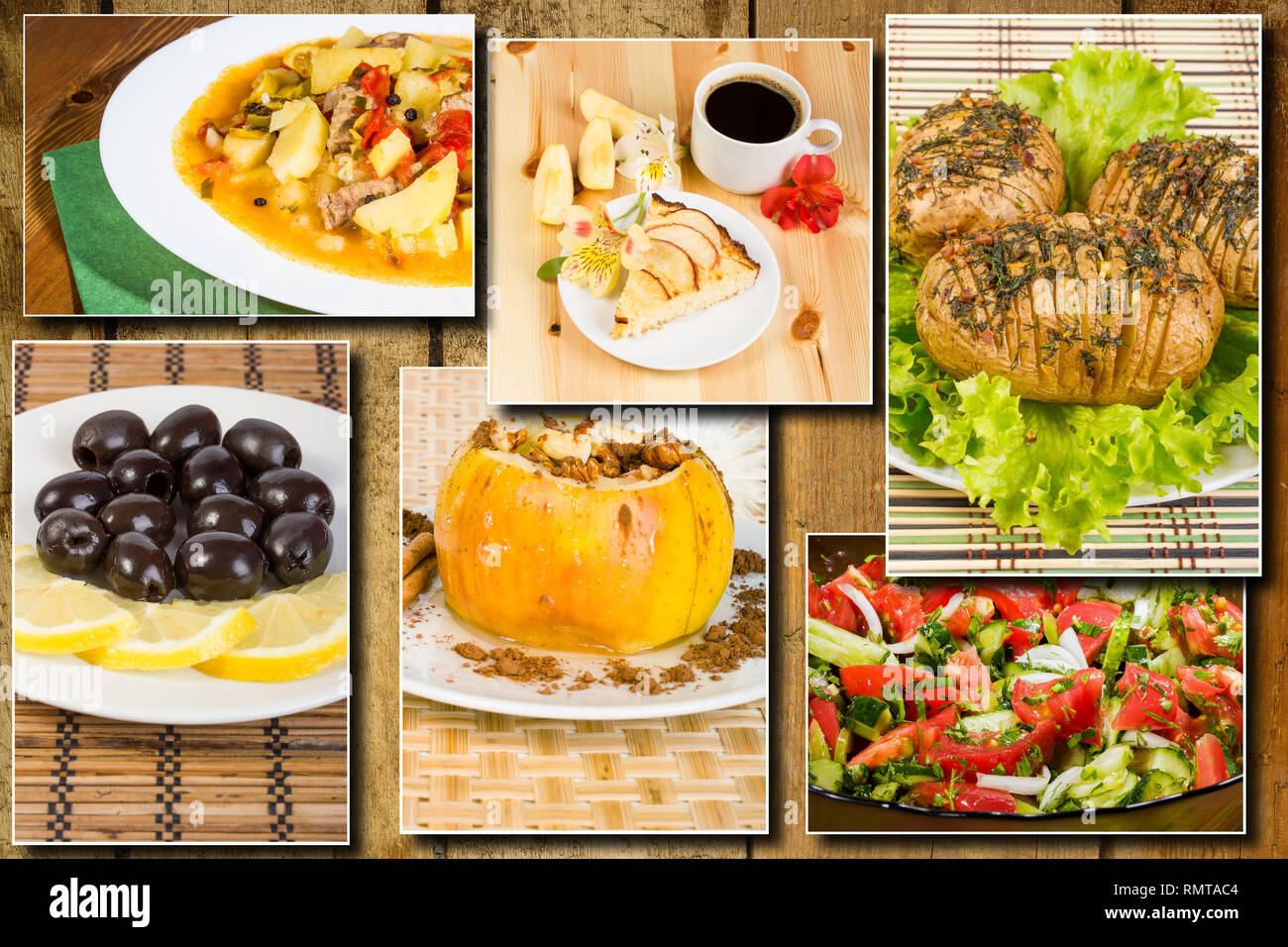 Photo collage of Lunches, breakfasts and snacks on wooden background Stock Photo