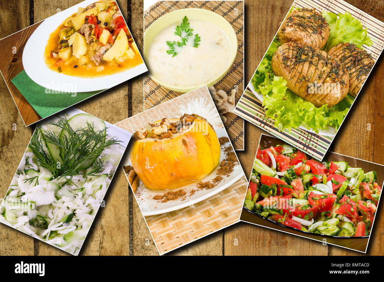 Photo collage of Lunches, breakfasts and snacks on wooden background Stock Photo