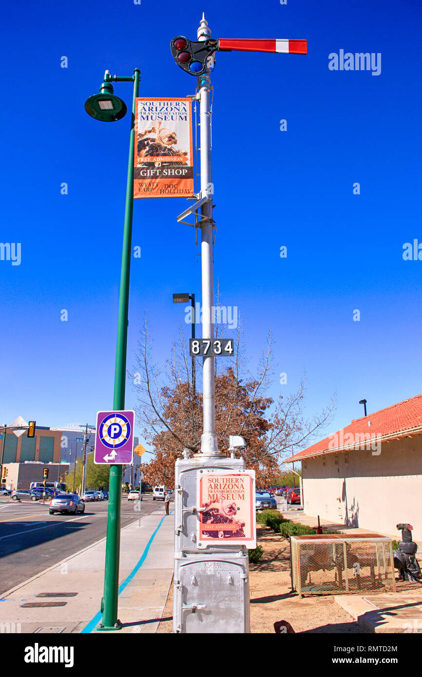 Vintage railway signal outside the Southern Arizona Transport Museum in