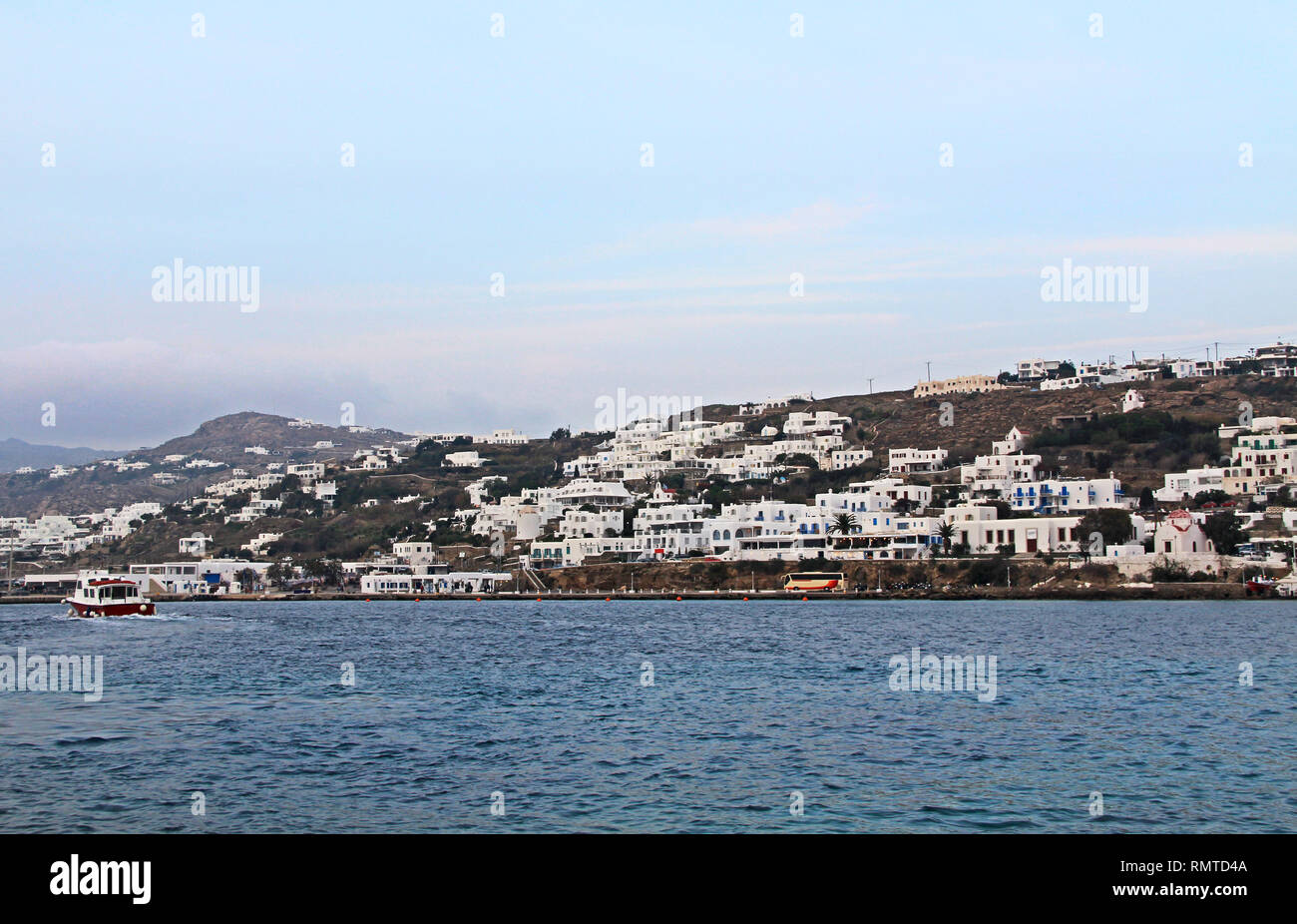 Harbor of Chora on the Island of Mykonos, Greece. Stock Photo