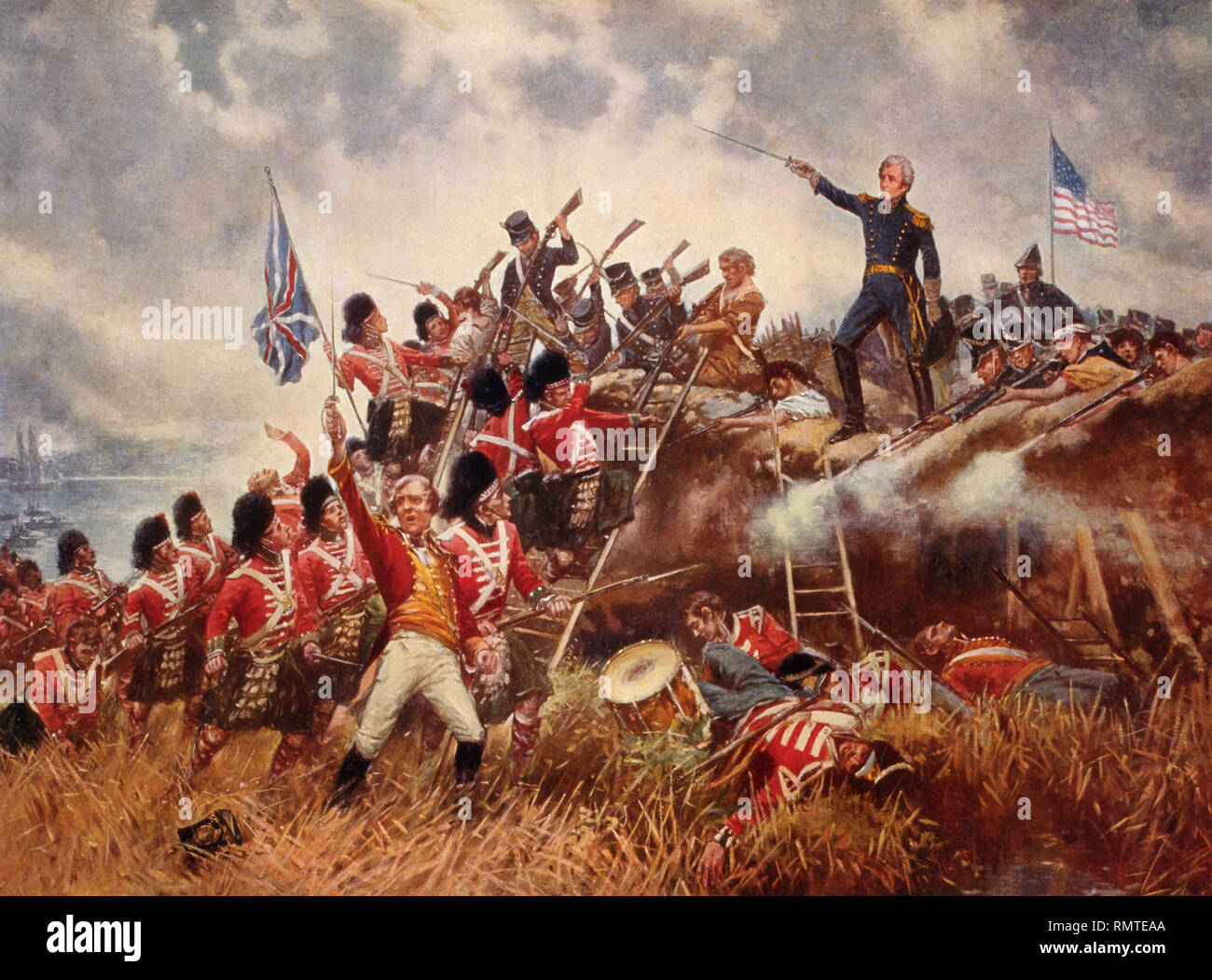 Andrew Jackson Standing in front of American Flag with Sword Raised during Battle of New Orleans, 1815, Reproduction of Painting by E. Percy Moran, 1910 Stock Photo