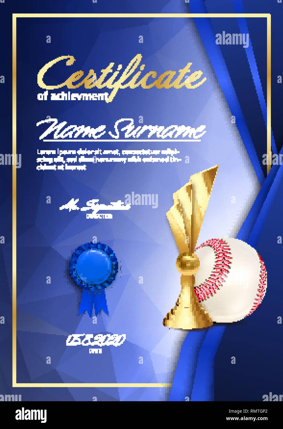 Baseball Certificate Diploma With Golden Cup Vector. Sport Award Template. Achievement Design