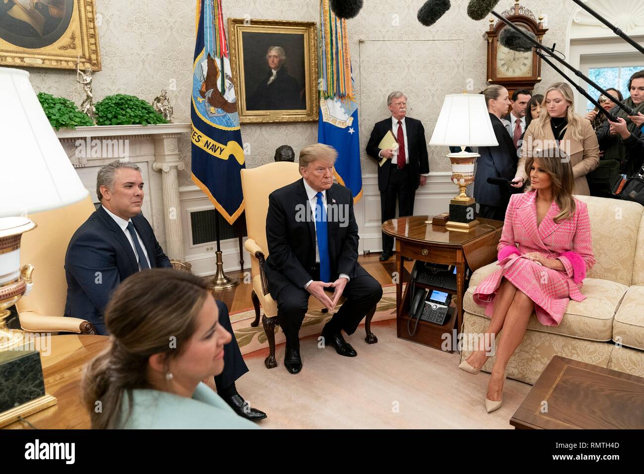 U.S President Donald Trump and First Lady Melania Trump meet with Colombian President Ivan Duque Marquez and his wife Maria Juliana Ruiz in the Oval Office of the White House February 13, 2019 in Washington, DC. Stock Photo