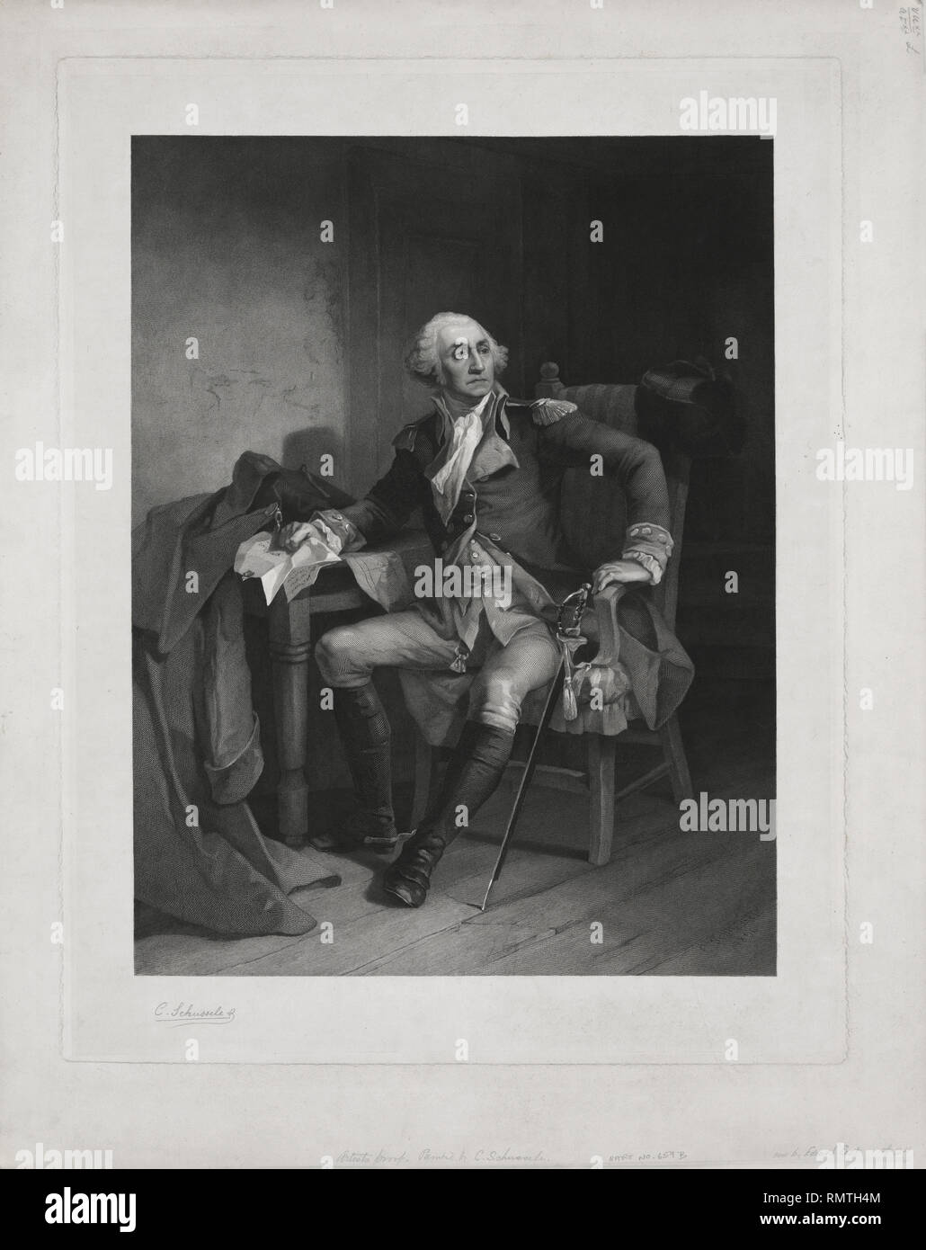 General George Washington, Seated Portrait Holding Letter from Reverend Jacob Duche, Begging Washington to Negotiate for Peace with the British, Valley Forge, 1777 Engraving by Edward S. Best after 1851 Christian Schuessele Original Painting Stock Photo
