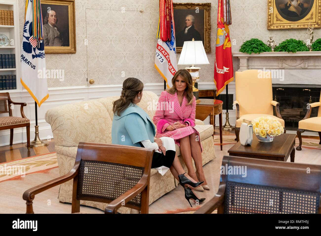U.S First Lady Melania Trump sits with Colombian First Lady Maria Juliana Ruiz in the Oval Office of the White House February 13, 2019 in Washington, DC. Stock Photo
