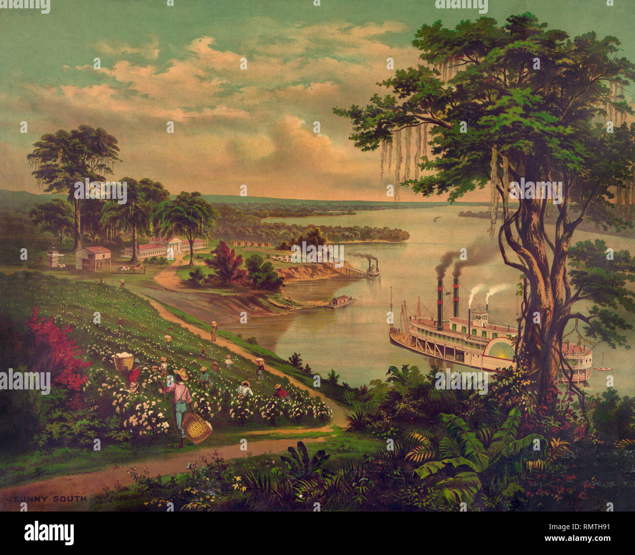 'Sunny South', African Americans Picking Cotton, Riverboat on River, Plantation House in Background, Lower Mississippi River, Lithograph, 1883 Stock Photo
