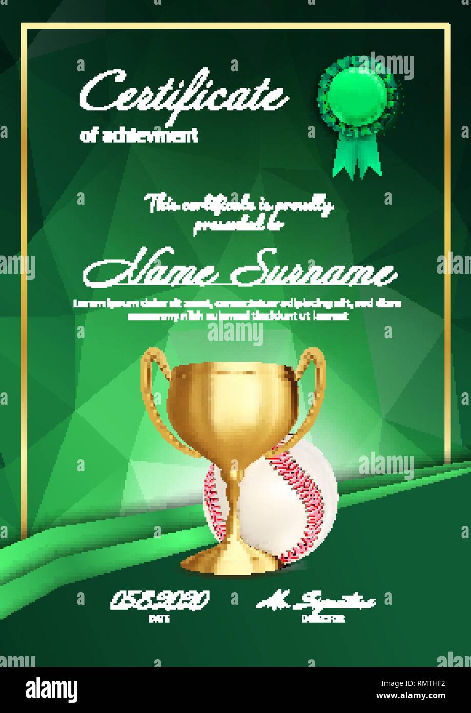Baseball Certificate Diploma With Golden Cup Vector. Sport Graduation