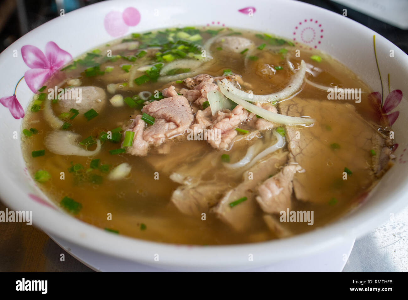 Pho with rare beef, brisket and fish balls at Pho Quynh Restaurant, Ho