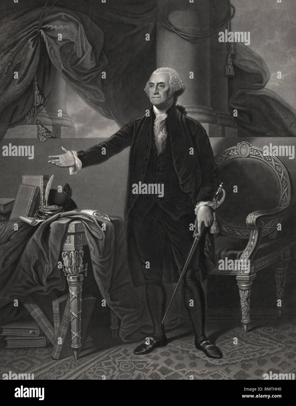 George Washington (1732-99), First President of the United States, Full-Length Portrait, Engraving by Henry S. Sadd from a Painting by Gilbert Stuart, Printed by John Neale, 1844 Stock Photo