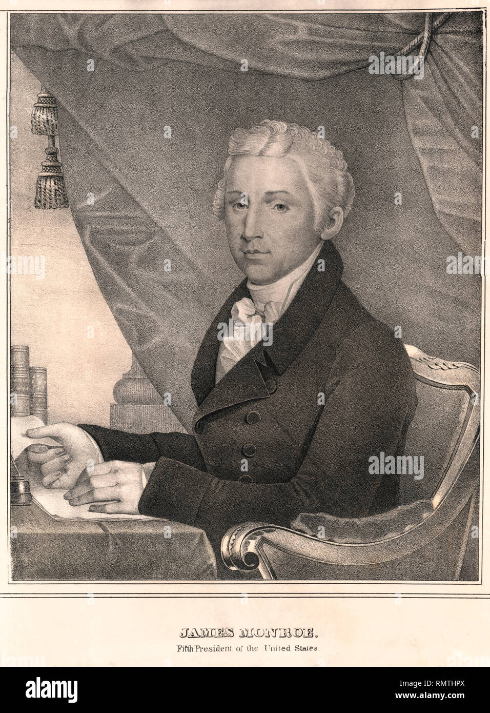 James Monroe (1758-1831), 5th President of the United States, Half-Length Seated Portrait, Lithograph, D.W. Kellogg & Co., 1830's Stock Photo