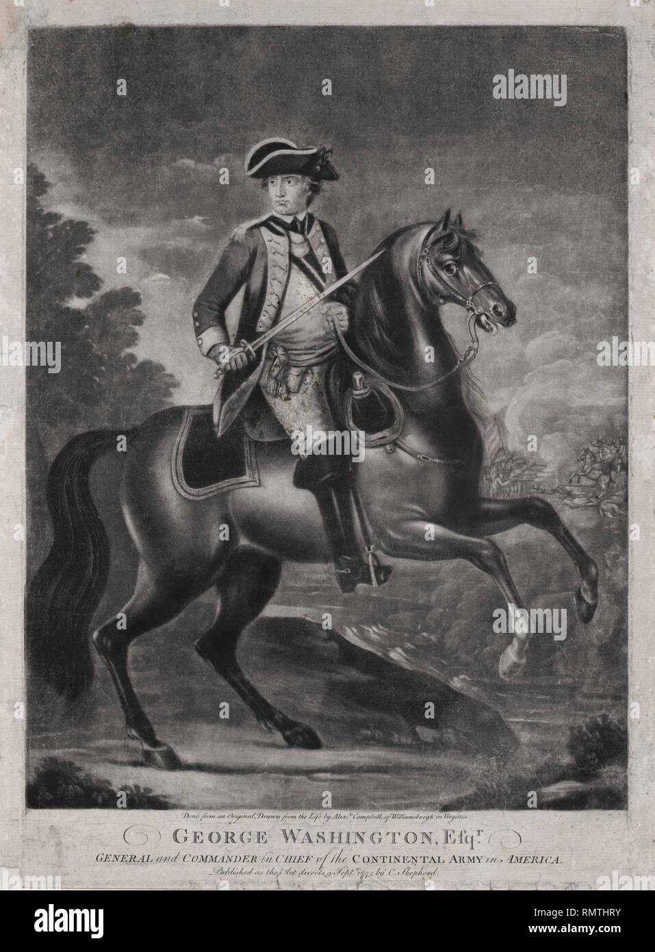 George Washington, Esqr., General and Commander in Chief of the Continental Army in America, done from an Original, Drawn from the Life by Alexander Campbell of Williamsburgh in Virginia, Published by C. Shepherd, 1775 Stock Photo