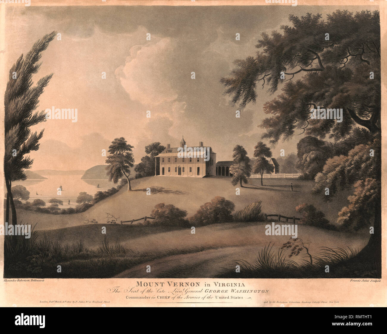 Mount Vernon in Virginia, the Seat of the Late Lieut. General George Washington, Commander in Chief of the Armies of the United States, by Alexander Robertson Delineavit with Engraving by Francis Jukes Sculpsit, 1800 Stock Photo