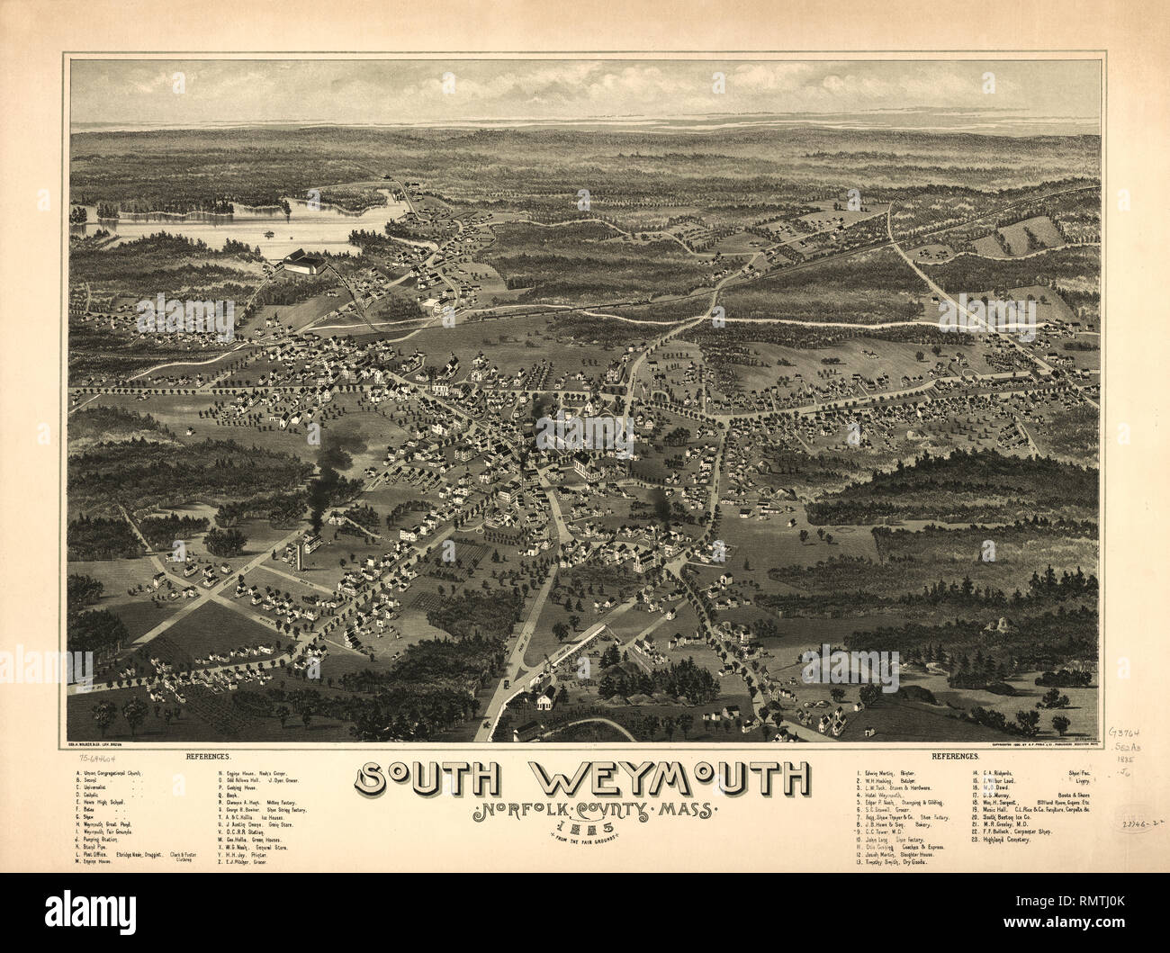 South Weymouth, Norfolk County, Massachusetts, Artist, C.E. Jorgensen, Geo. H. Walker & Son Lith., Boston, Published by A.P. Poole & Co., Brockton, Mass., 1885 Stock Photo