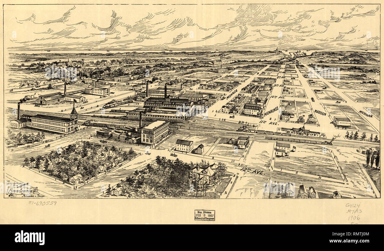 Bird's Eye View of South Milwaukee, Binner Engraving Co., 1907 Stock Photo