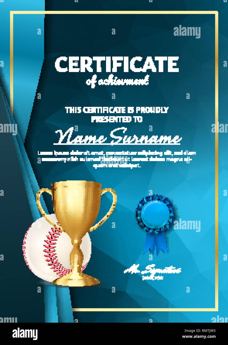 Baseball Game Certificate Diploma With Golden Cup Vector. Sport