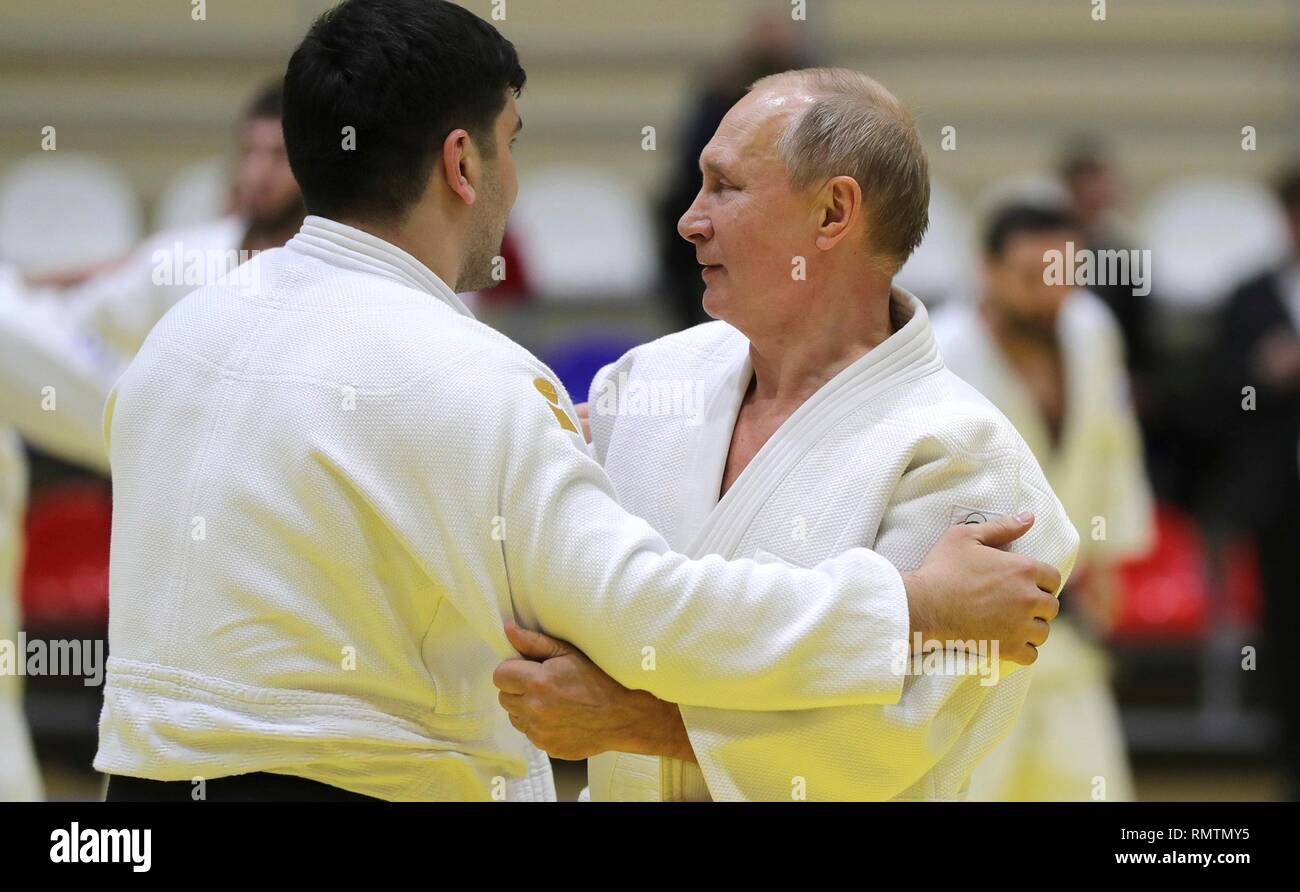 Russian President Vladimir Putin spars during judo practice with the Russian judo team during a visit to the Yug-Sport Training Centre February 14, 2019 in Sochi, Russia. Stock Photo