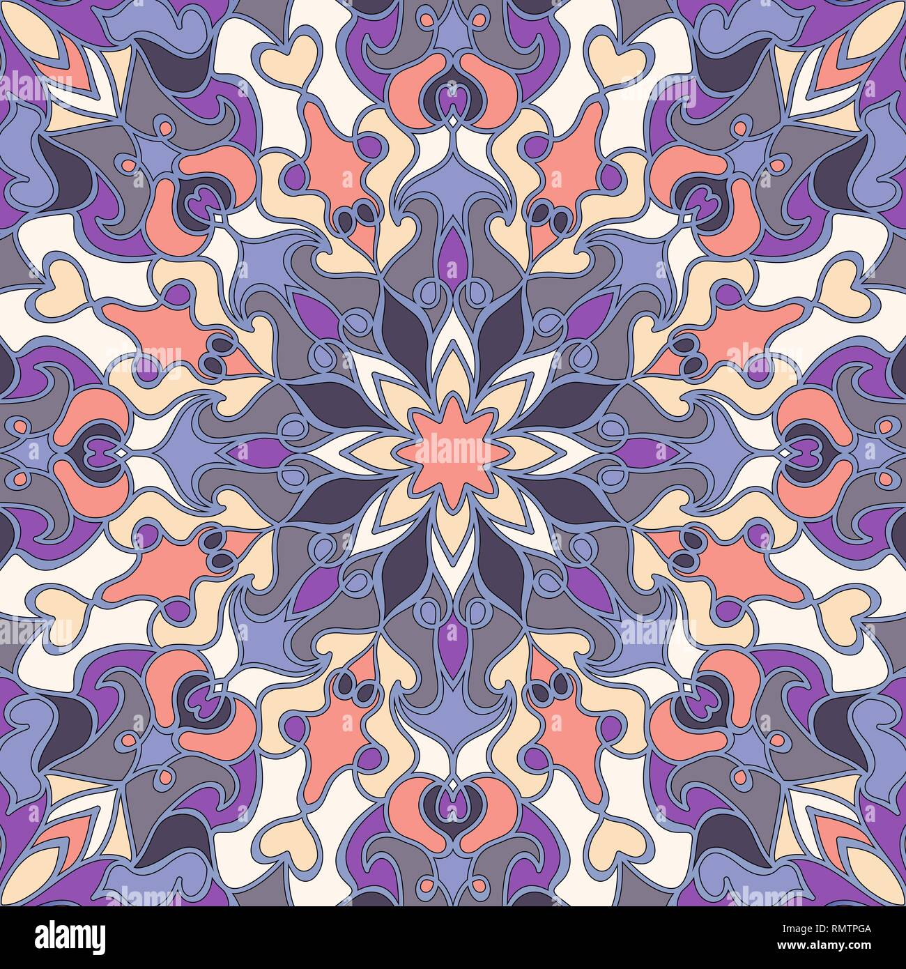 Seamless vector pattern with colored mandalas. Eastern bright ornament with black outline. Vector illustration. Stock Vector