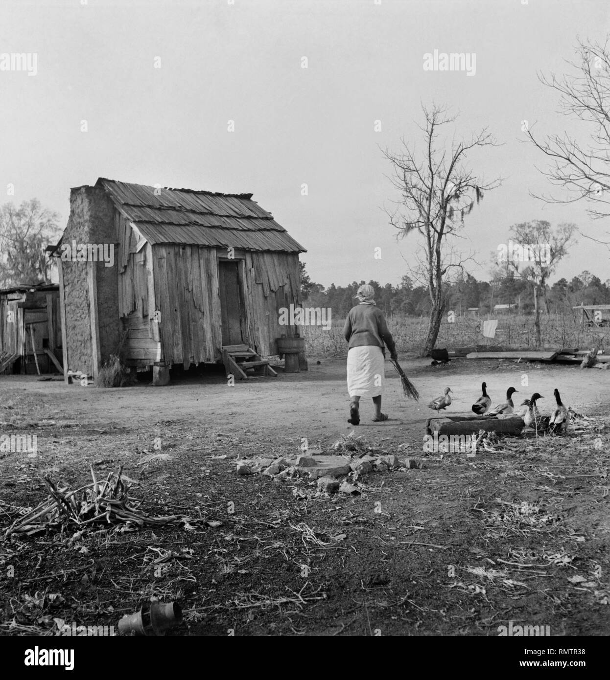 Woman Walking in Yard by Rural Cabin, near Beaufort, South Carolina, USA, Marion Post Wolcott, Farm Security Administration, December 1938 Stock Photo