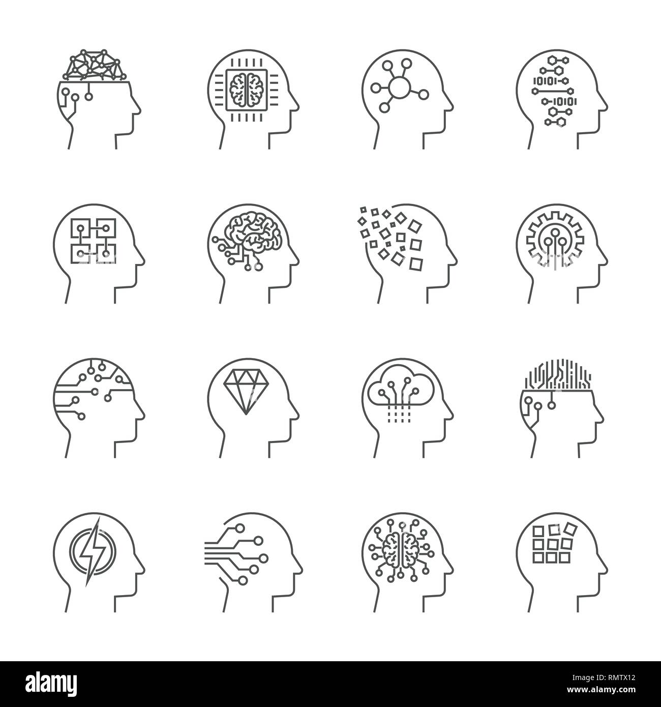 Artificial intelligence icons set. Editable Stroke Stock Vector