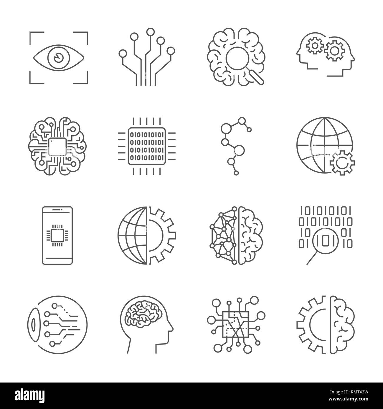 Artificial Intelligence. Vector icon set for artificial intelligence AI concept. Various symbols for the topic using flat design. Editable stroke. Stock Vector