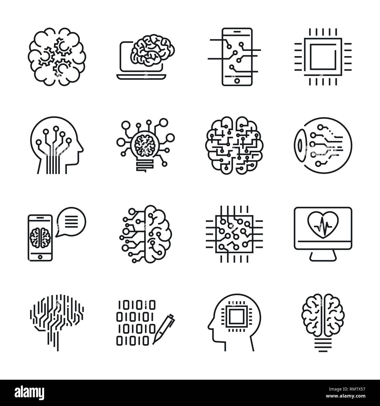 Simple set of artificial intelligence related line icons contains such ...