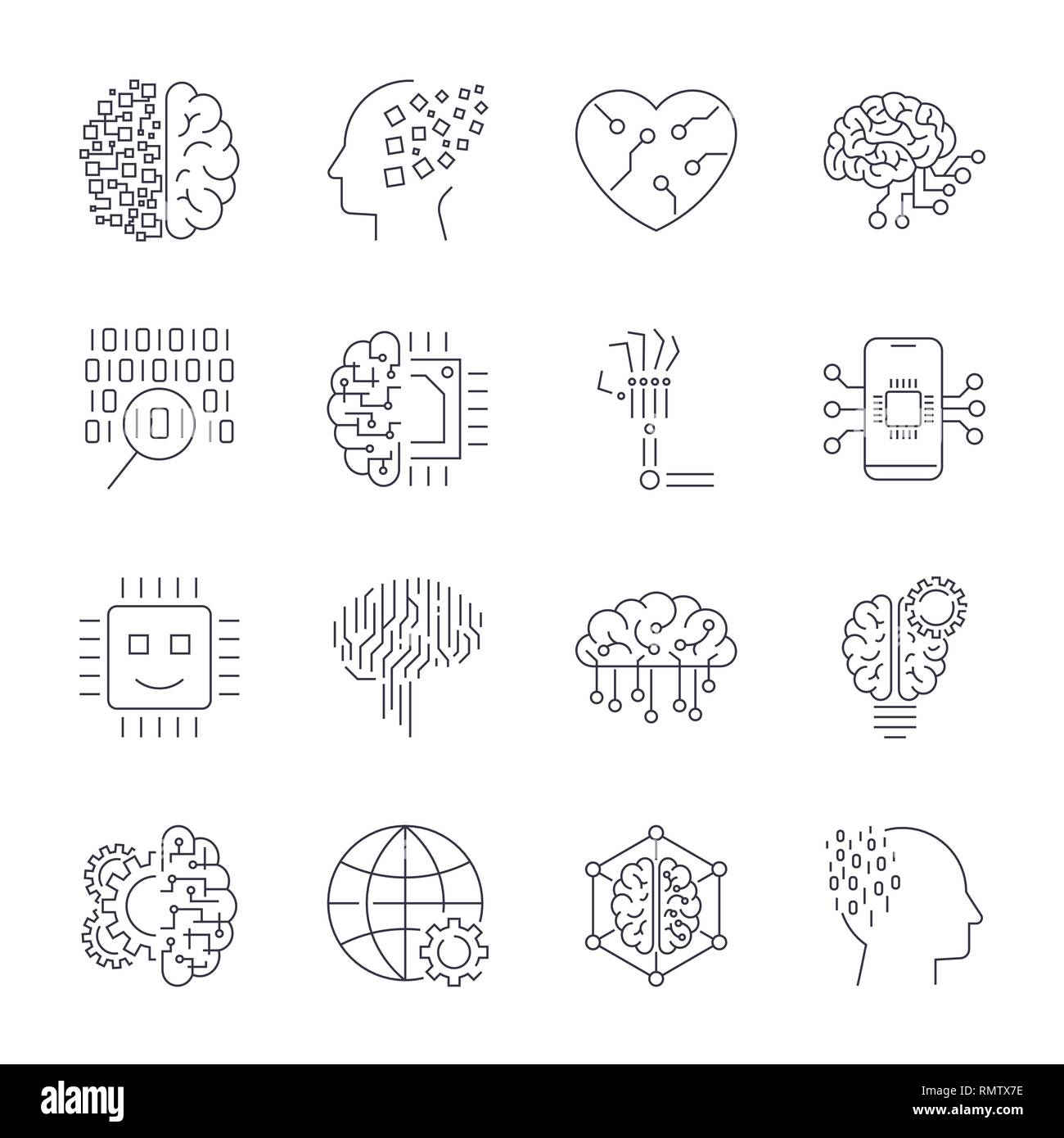 Machine learning, AI, artificial intelligence, concept technology of future. Editable Stroke Stock Vector
