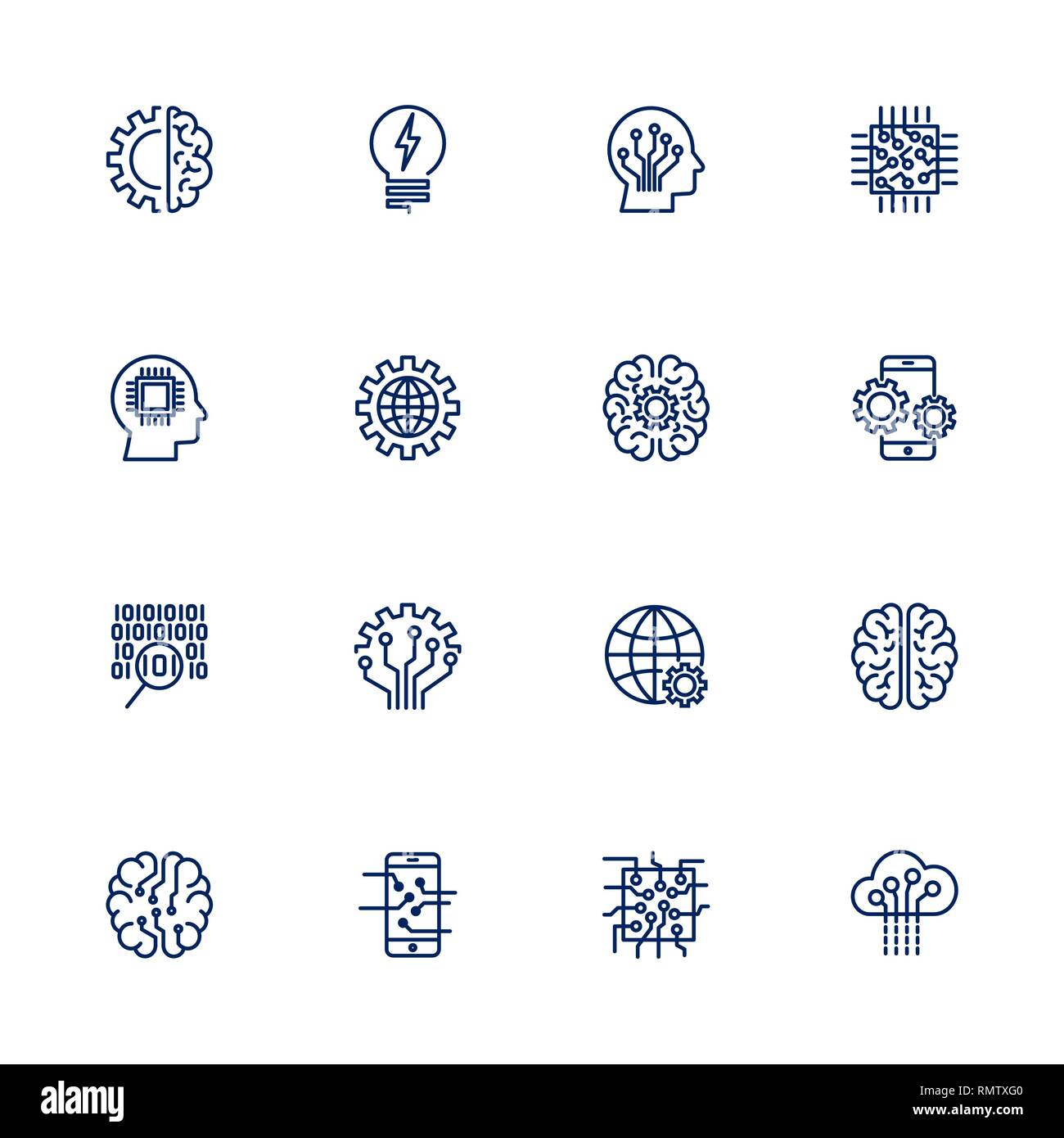Vector icon set for artificial intelligence concept. Various symbols for the topic AI using flat design Stock Vector