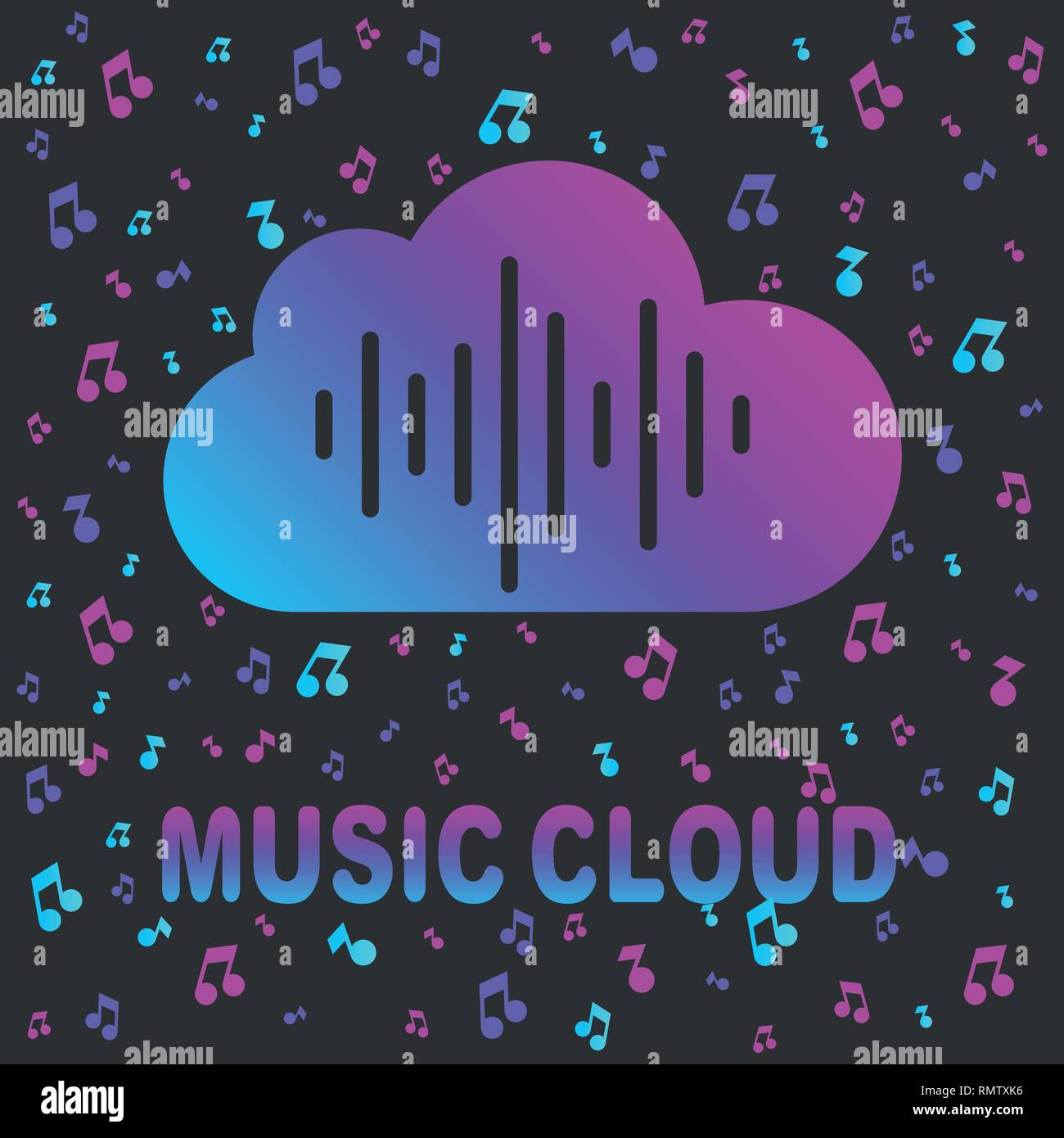 Cloud music library, audio and music streaming services concept. Colorful logo for apps, programs, web. Stock Vector