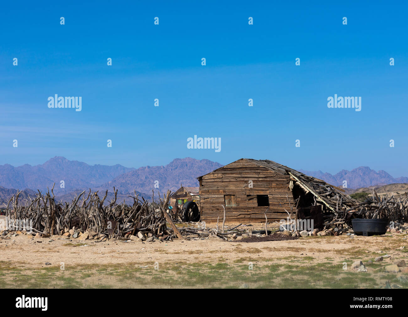 Wooden Beja house in an arid landscape, Red Sea State, Port Sudan