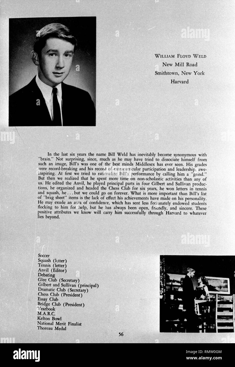 Former Massachusetts Governor Bill Weld announced he will run against President Donald Trump for the Republican Presidential nomination in 2020. Copy photo of former Massachusettss Governor Bill Weld's High School yearbook  Boston Ma USA photo by bill Belknap 1995 (These images are scanned from my 1995 B&W negatives of then Massachusetts Governor Bill Weld family scrapbook. The Weld family allowed me to copy photo the family photo album. I do have other copy photos from the album. I was on staff at the Boston Herald,) Stock Photo
