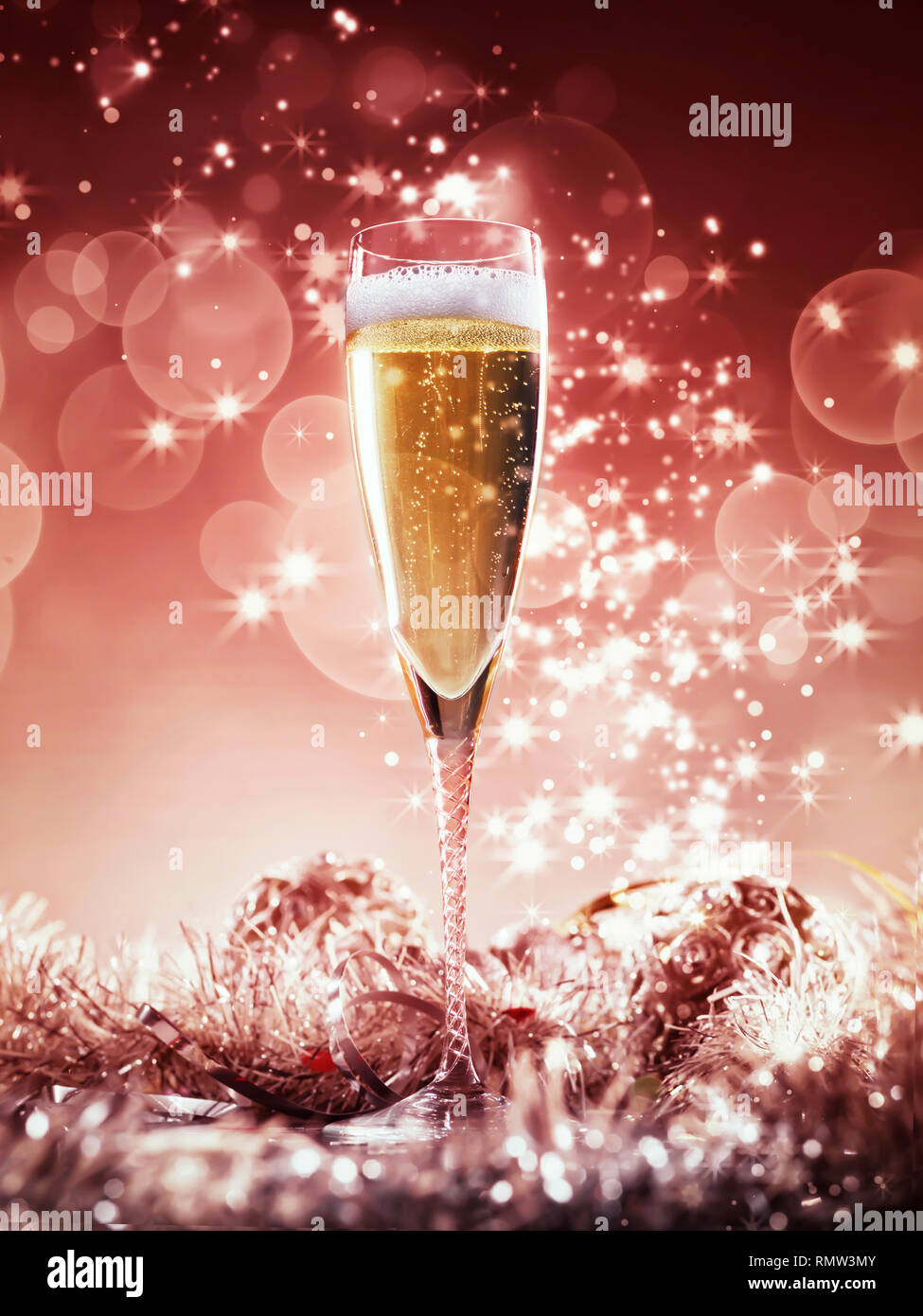 Champagne Glass And Red And Silver Decoration On Silver Shiny
