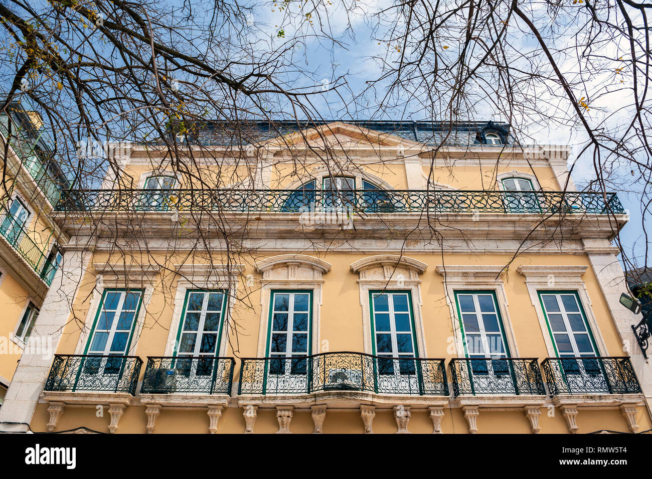 The facade of a 19th century apartment building in the neighborhood of Principe Real, Lisbon, Portugal. Stock Photo