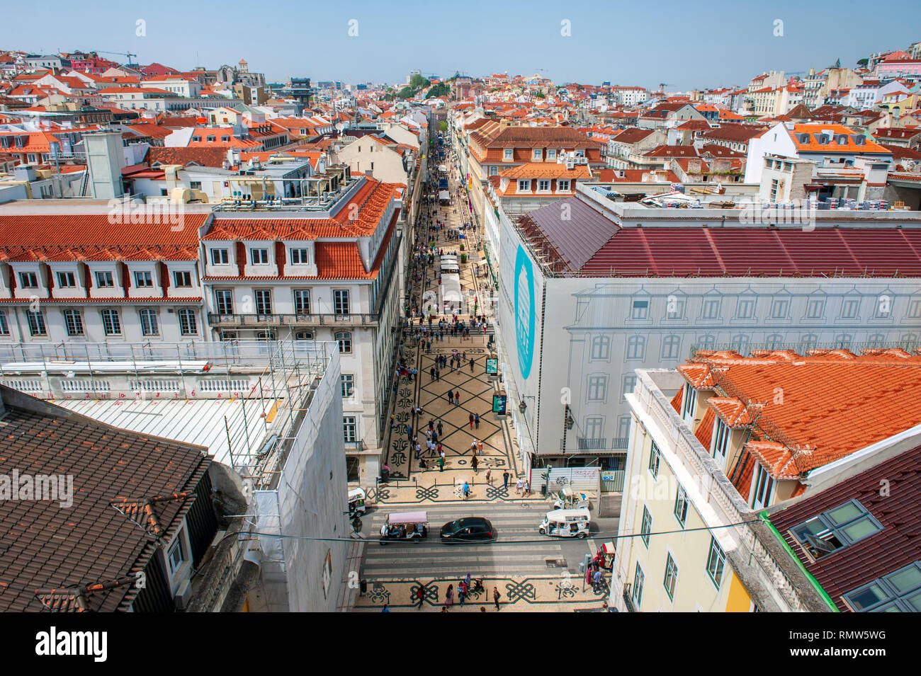 Rua Augusta, a walking street in central Lisbon, as seen from the top of the Arco da Rua Augusta monument. Stock Photo