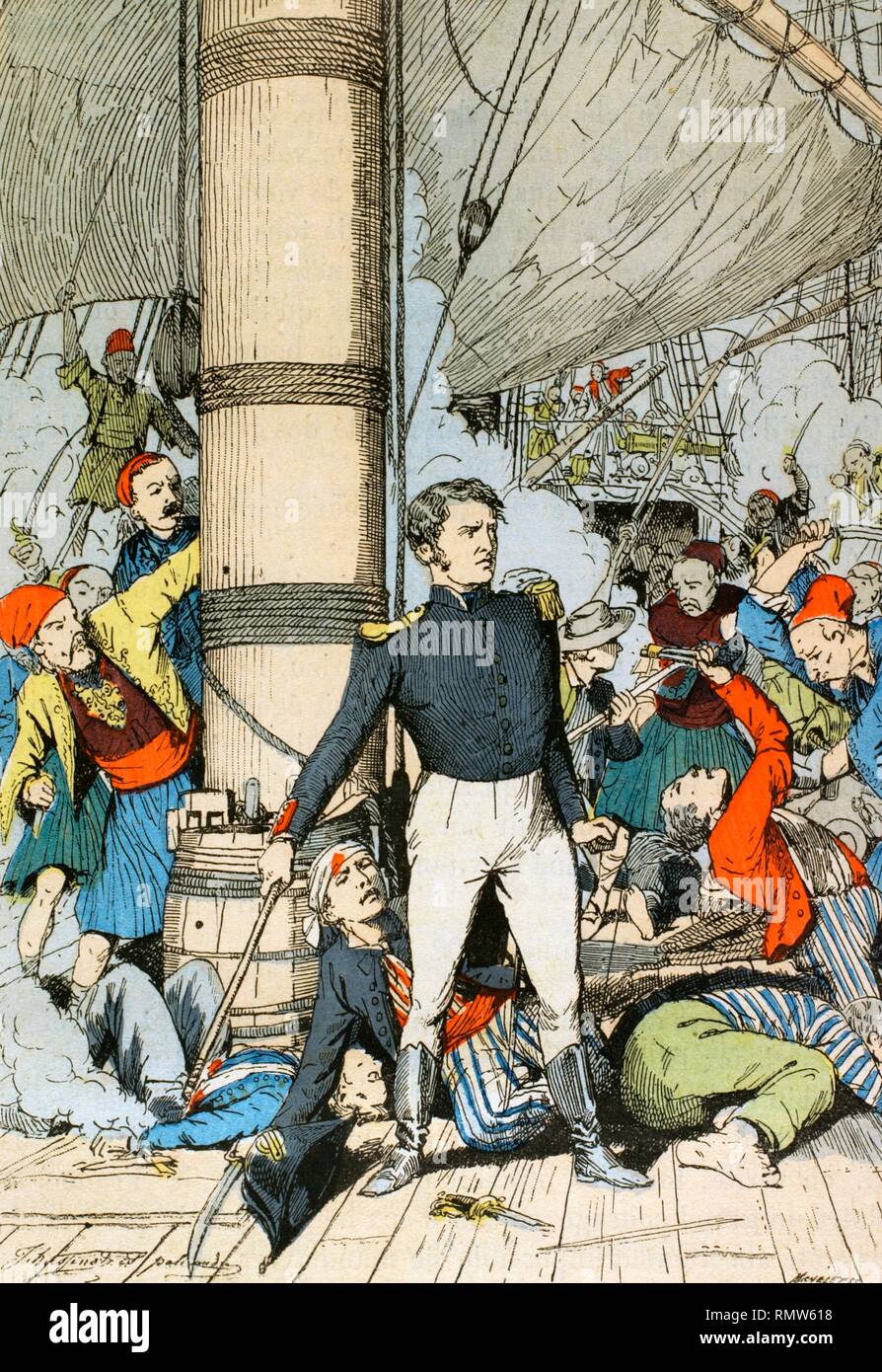 Hyppolite Magloire Bisson (1796-1827). Oficial de la marina fracesa. Ostentó el mando del bergantín 'Panayoti' durante la Guerra de Independencia Griega, el cual pertenecía a la flota del almirante de Rigny. Separado del resto de la flota, fué atacado por dos barcos piratas. Tras resultar él herido de gravedad, se hundió al volar el barco en lugar de rendirse, 6 de noviembre de 1827. Ilustración en color de la 'Armeé Française, Nos Soldats' (Ejército Francés, Nuestros Soldados). Autor, Eugene Hennebert (1826-1896). Ilustración firmada por Hussenot y Pallandre. París, h. 1890. Biblioteca Histór Stock Photo