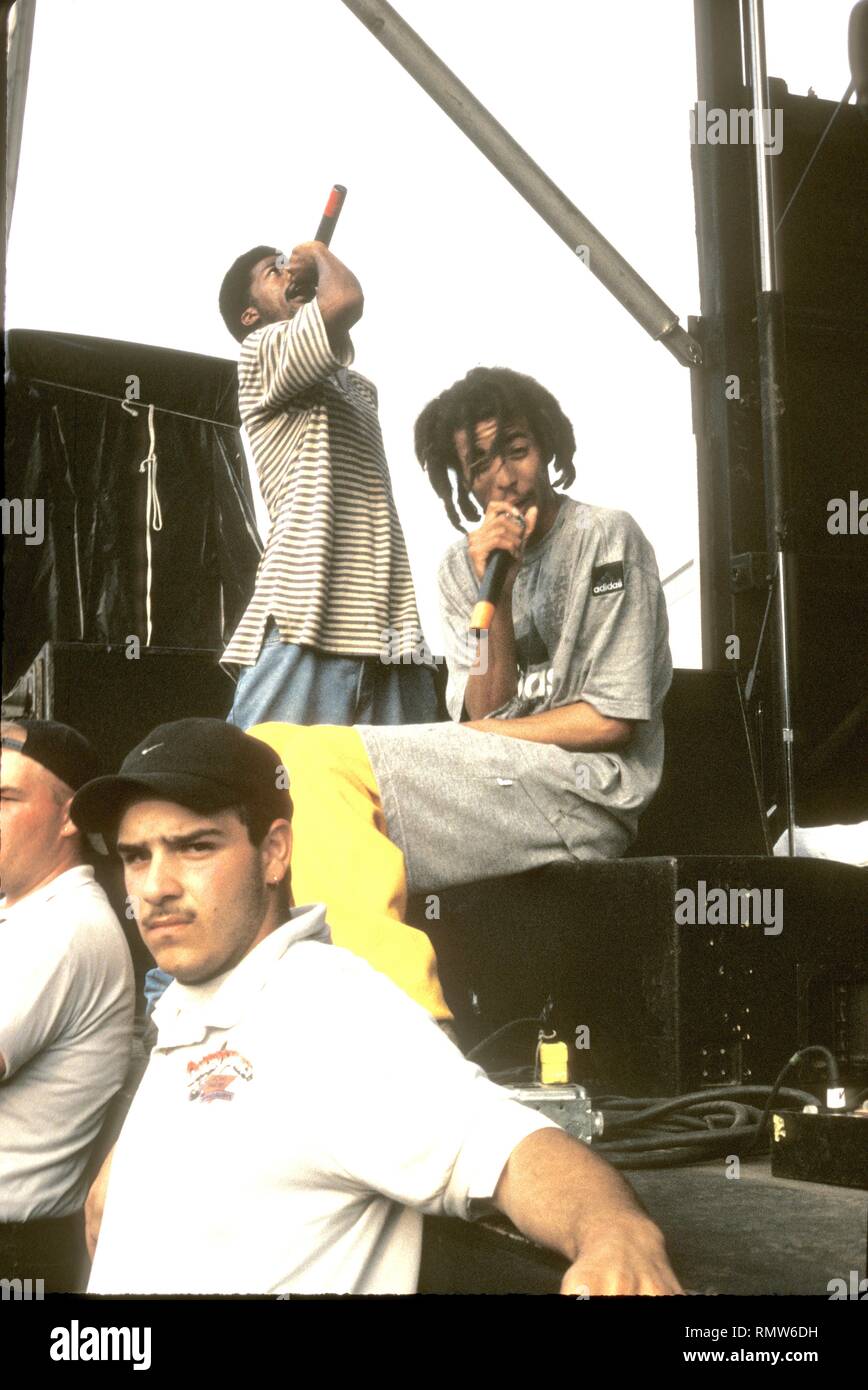 Members of the hip hop group The Pharcyde are shown performing on stage ...