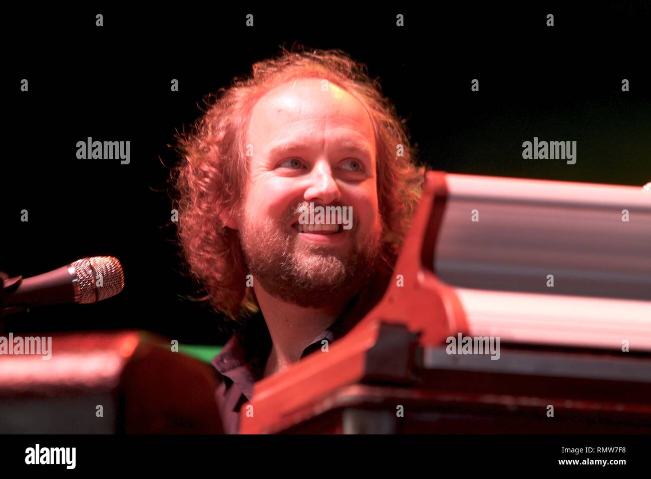 Keyboardist and singer Page McConnell of the jam band Phish is shown performing on stage during