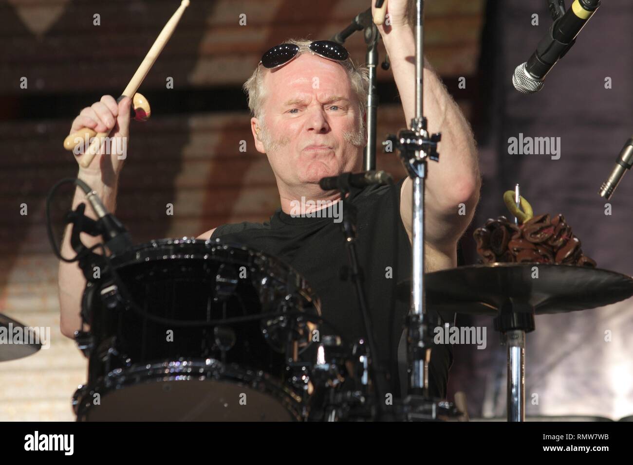 Drummer Martin Chambers of British rock band The Pretenders is shown performing on stage during a 'live' concert appearance at Farm Aid 2008. Stock Photo