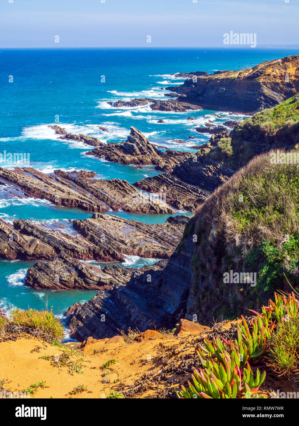 The coast between Almograve and Zambujeira do Mar along the Fishermen's Trail, a four day walk on the Rota Vicentina. The area is part of the Southwes Stock Photo
